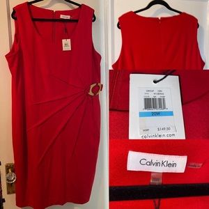 Calvin Klein Womens size 20 sleeveless red dress with gold buckle & darting NWT